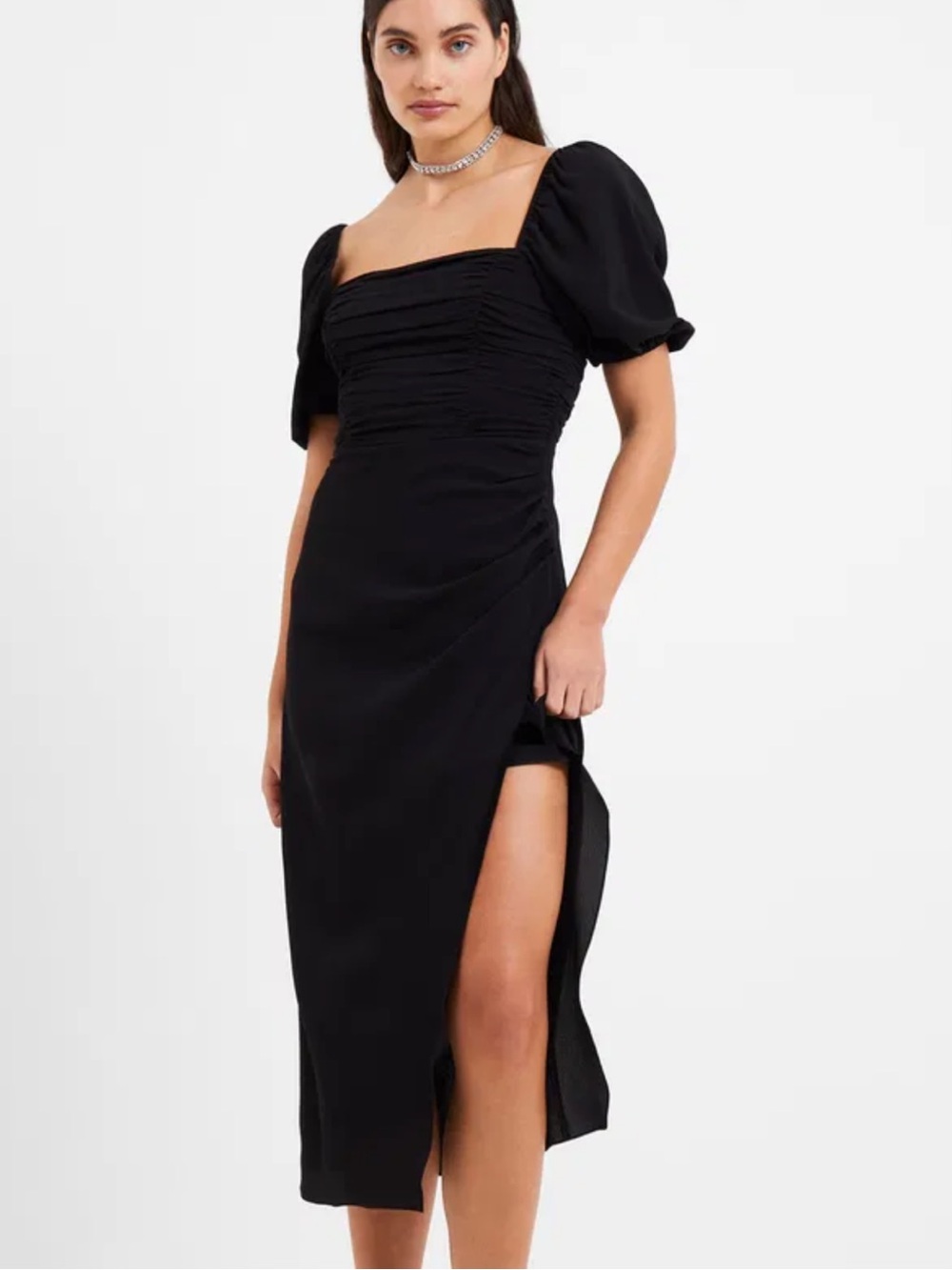French Connection Puff-Sleeve Black Midi Dress with Square Neck and Side Slit